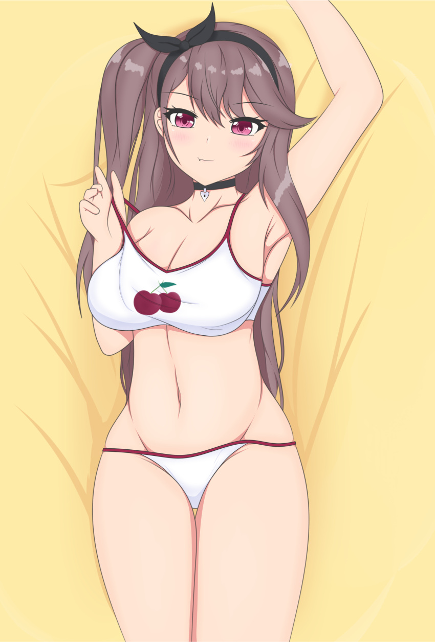 absurdres armpits azur_lane black_choker blush breasts choker cleavage closed_mouth collarbone female fnzz hairband hand_up highres light_brown_hair long_hair looking_at_viewer lying medium_breasts navel official_alternate_costume on_back one_side_up pamiat_merkuria_(azur_lane) pamiat_merkuria_(sweet_cherry_memories)_(azur_lane) panties purple_eyes smile solo sports_bra underwear white_panties white_sports_bra yellow_background