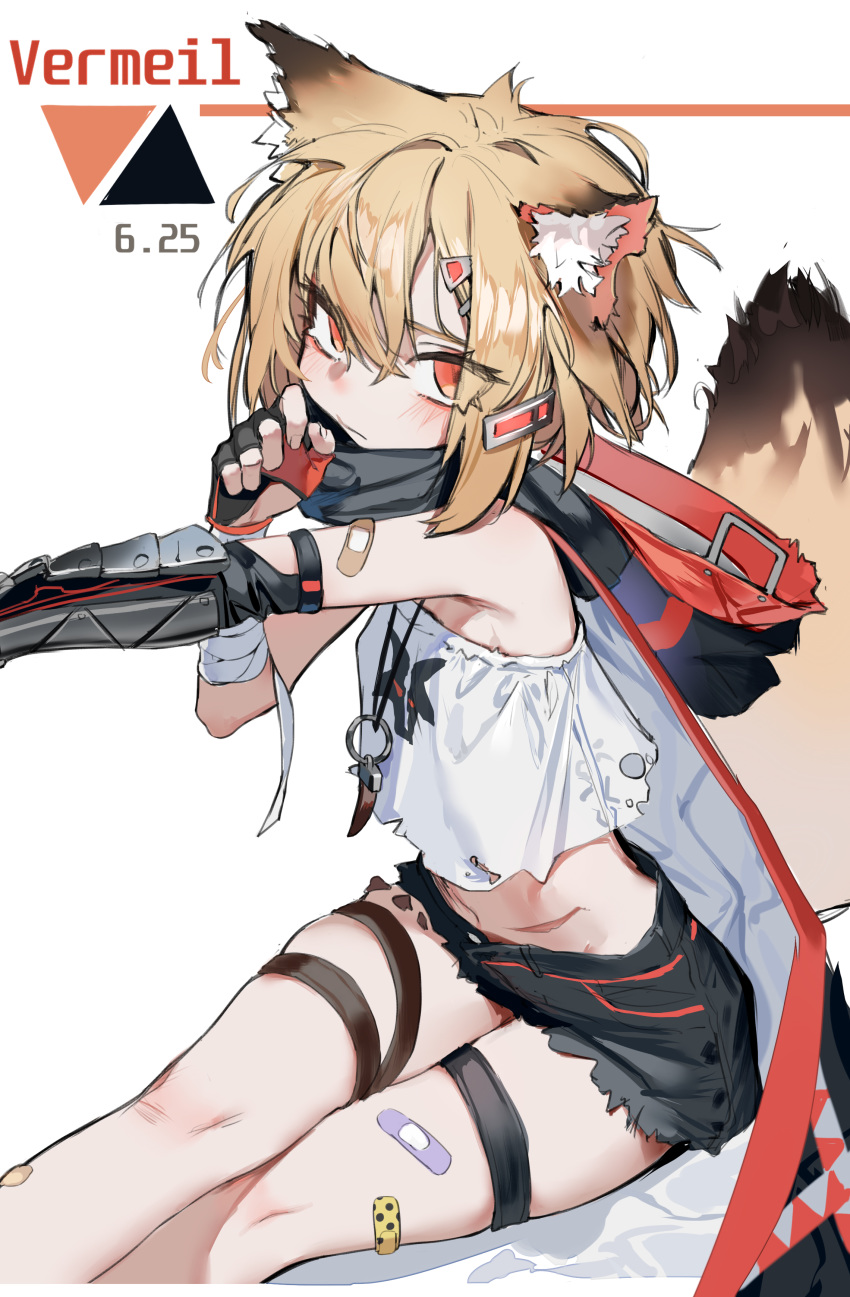 absurdres animal_ears arknights armpits bandaged_arm bandages bandaid bare_shoulders black_gloves black_shorts blonde_hair cloak crop_top crop_top_overhang female fingerless_gloves fox_ears fox_girl fox_tail gloves highres hood hood_down jewelry kentllaall looking_at_viewer midriff navel necklace orange_eyes outstretched_arm prosthesis prosthetic_arm scar scarf shirt short_hair short_shorts shorts sitting sleeveless sleeveless_shirt solo stomach tail thigh_strap thighs torn_clothes torn_shirt vermeil_(arknights) white_shirt