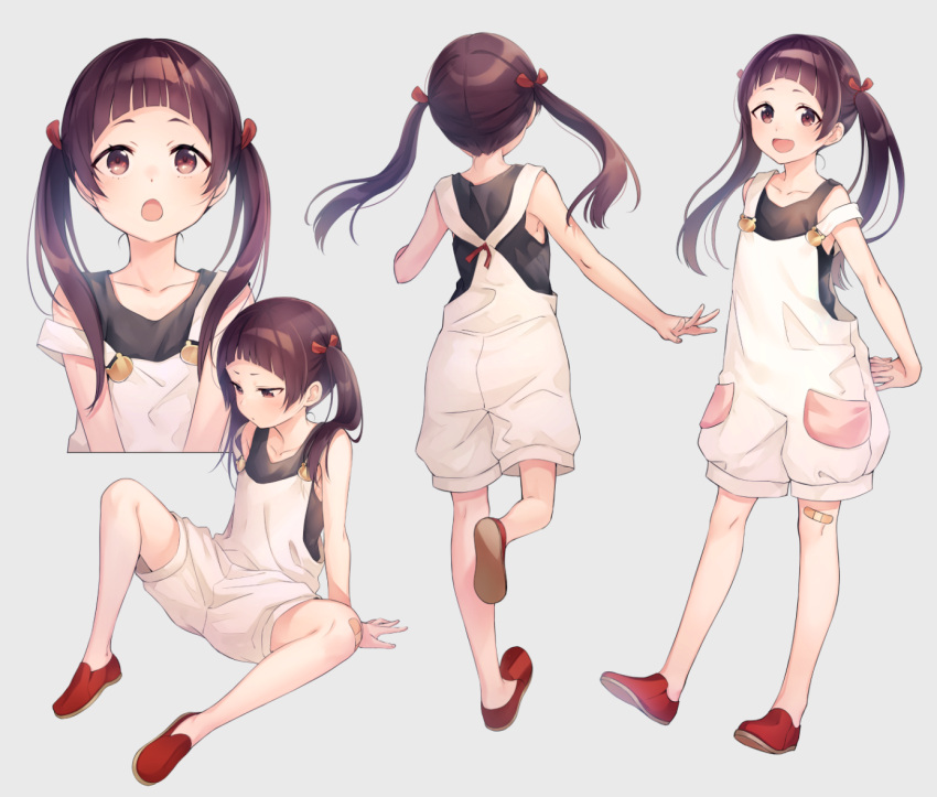 :d :o aged_down arched_bangs arm_support armpits bandaid bandaid_on_knee bandaid_on_leg bare_arms black_fox black_hair black_tank_top bow collarbone colored_shoe_soles cropped_torso e_(eokiba) facing_away female from_behind full_body grey_background hairbow isurugi_rikka_(black_fox) leg_up looking_at_viewer low_twintails multiple_views no_socks open_mouth overall_shorts overalls own_hands_clasped own_hands_together red_bow red_footwear shoe_soles shorts simple_background sitting sleeveless smile standing strap_slip tank_top tareme twintails upper_body walking white_overalls white_shorts