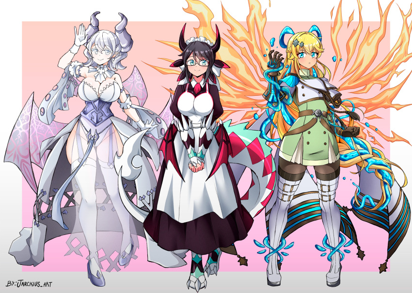 3girls apron black_hair blonde_hair blue_eyes braid breasts cleavage crown_braid demon_girl demon_horns demon_wings dragon_girl dragon_horns dragon_tail dragon_wings dress duel_monster epaulettes exosister_elis exosister_mikailis glasses gloves green_eyes grey_eyes hair_ornament highres holding horns house_dragonmaid jarckius lace-trimmed_apron lace_trim large_breasts leotard leotard_under_clothes long_hair long_sleeves looking_at_viewer lovely_labrynth_of_the_silver_castle low_wings maid maid_apron maid_headdress multiple_girls multiple_wings pink_hair pointy_ears smile star_(symbol) star_hair_ornament tail thighhighs transparent_wings twintails white_hair white_horns wings yu-gi-oh!