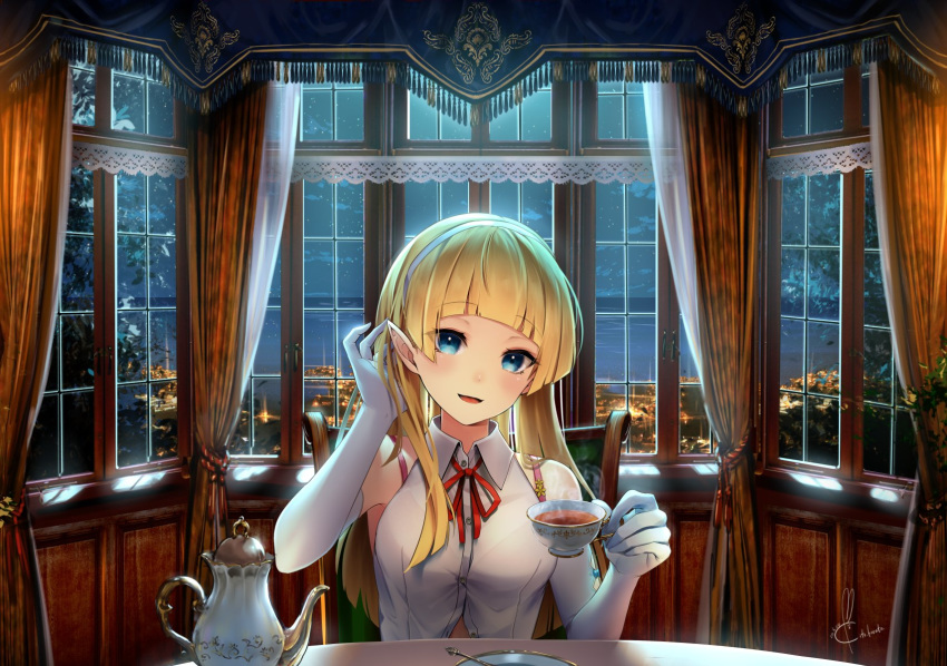 armpits backlighting bare_shoulders blonde_hair blue_eyes bra_strap breasts chair collared_shirt cup curtains dress_shirt elbow_gloves elf elf_no_radral female gloves hairband hand_up highres holding indoors kito_koruta long_hair looking_at_viewer medium_breasts neck_ribbon night open_mouth original partially_unbuttoned pointy_ears red_ribbon ribbon shirt sitting sleeveless sleeveless_shirt smile solo steam table tea teacup teapot white_gloves white_shirt window