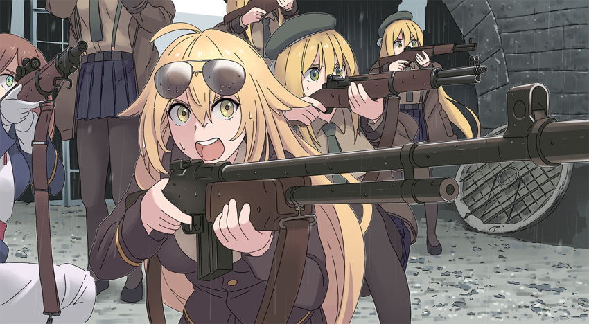 6+girls ahoge aviator_sunglasses beret black_jacket black_pantyhose blazer blonde_hair blue_skirt bolt_action brown_hair brown_shirt commentary_request dress eyewear_on_head finger_on_trigger girls'_frontline gloves green_eyes green_necktie gun hat holding holding_gun holding_weapon jacket long_hair long_sleeves m1903_springfield m1918_(girls'_frontline) m1918_bar m1_garand m1_garand_(girls'_frontline) machine_gun multiple_girls multiple_persona necktie open_mouth pantyhose parody pleated_skirt rifle saving_private_ryan scene_reference shirt skirt springfield_(girls'_frontline) sunglasses tab_(tabkun) weapon white_dress white_gloves world_war_ii yellow_eyes