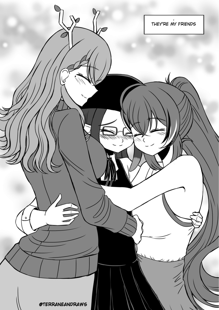 3girls antlers beret blush braid braided_bangs ceres_fauna english_text greyscale hat highres hololive hololive_english horns hug k-nashi long_hair monochrome multiple_girls nanashi_mumei ninomae_ina'nis ninomae_ina'nis_(casual) ponytail single_braid smile sweater turtleneck turtleneck_sweater virtual_youtuber