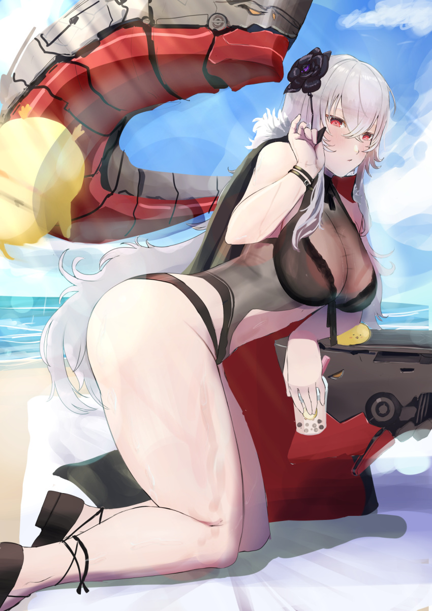 ass azur_lane beach blush breasts cafenami cleavage clothing_cutout female flower graf_zeppelin_(azur_lane) graf_zeppelin_(beachside_urd)_(azur_lane) hair_between_eyes hair_flower hair_ornament highres kneeling legs long_hair manjuu_(azur_lane) official_alternate_costume one-piece_swimsuit outdoors red_eyes sky solo_focus stomach_cutout swimsuit thighs water white_hair