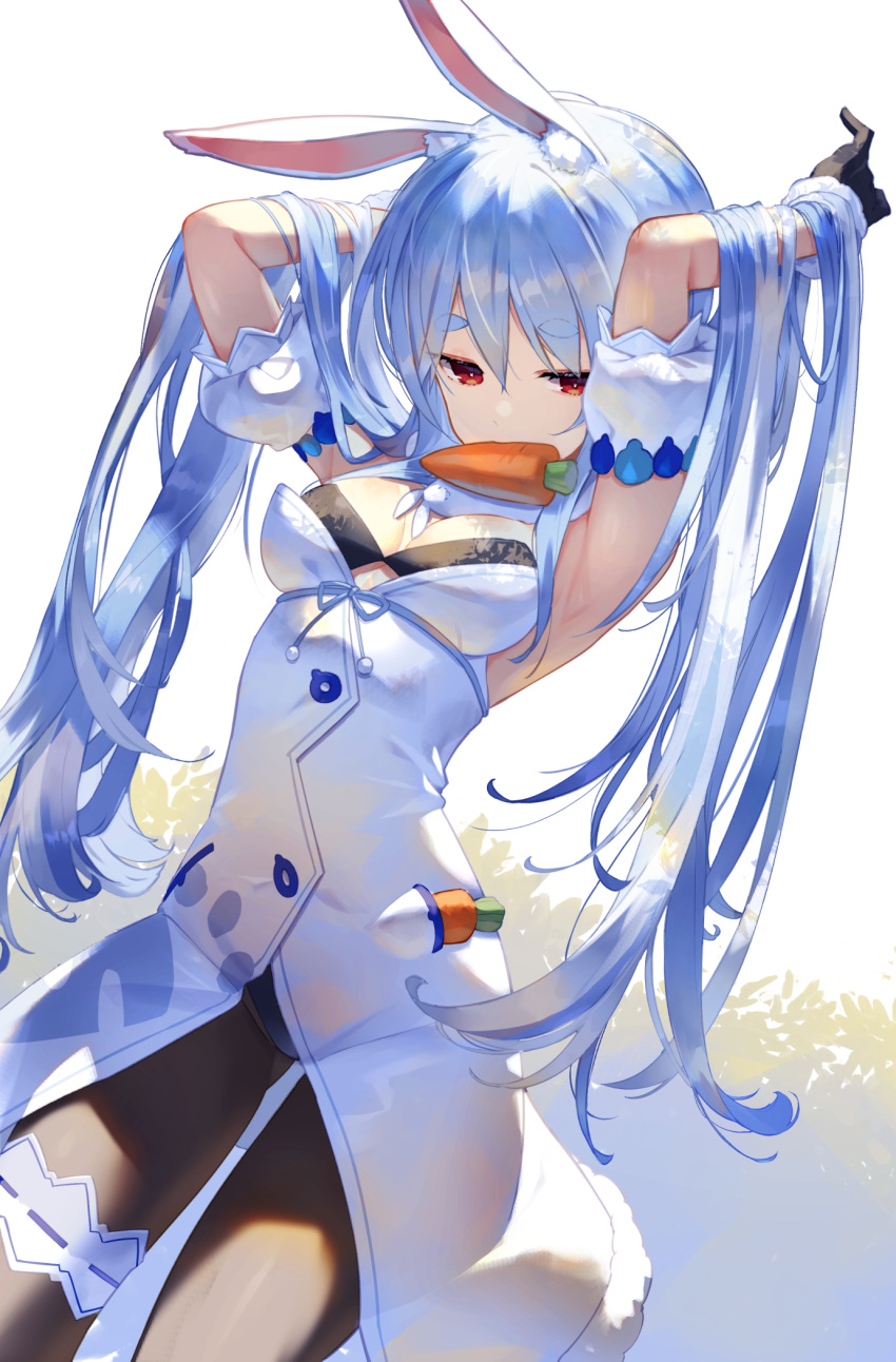 adjusting_hair animal_ear_fluff animal_ears armpits arms_up bare_shoulders black_gloves black_pantyhose blue_hair breasts carrot_hair_ornament cowboy_shot detached_sleeves don-chan_(usada_pekora) dutch_angle female food-themed_hair_ornament gloves hair_between_eyes hair_ornament highres hololive leotard leotard_under_clothes long_hair mouth_hold pantyhose puffy_short_sleeves puffy_sleeves rabbit_ears red_eyes scottie_(phantom2) short_sleeves simple_background small_breasts solo standing thick_eyebrows thigh_strap thighs unworn_hair_ornament usada_pekora usada_pekora_(1st_costume) very_long_hair virtual_youtuber white_background