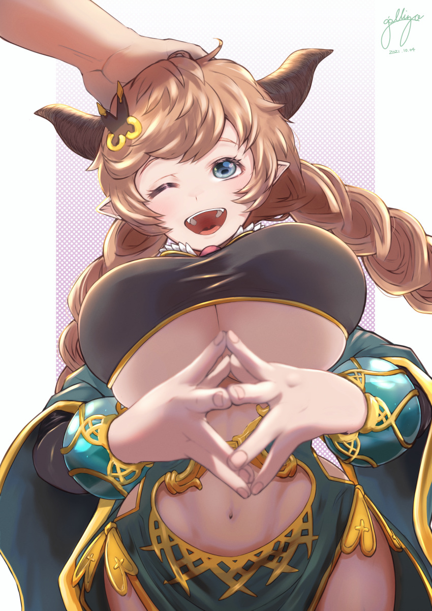 :d blue_eyes bracelet braid breasts carmelina_(granblue_fantasy) clothing_cutout draph female gollizo granblue_fantasy headpat highres hip_vent horns jewelry large_breasts light_brown_hair long_hair one_eye_closed pointy_ears side_slit signature smile solo_focus stomach stomach_cutout twin_braids underboob upper_body