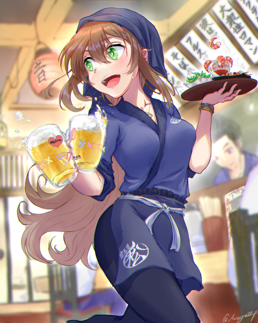 :d artist_name beer_mug blurry blurry_background bracelet breasts brown_hair chair cleavage cup female green_eyes heart highres holding holding_tray indoors izakaya jewelry lantern matsunaga_iori motoja_72p mug necklace open_mouth paper_lantern riot_music samue shrimp smile sweat tray twitter_username virtual_youtuber