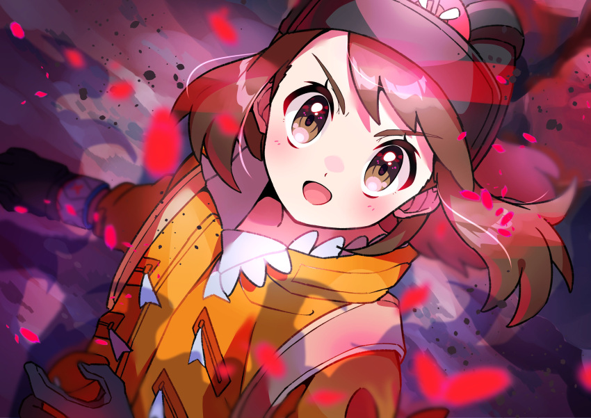 absurdres black_headwear blurry blush brown_eyes brown_hair commentary_request dynamax_band expedition_uniform eyelashes female gloria_(pokemon) gloves helmet highres jacket looking_at_viewer open_mouth orange_jacket pokemon pokemon_swsh pon_yui smile solo strap tongue upper_body