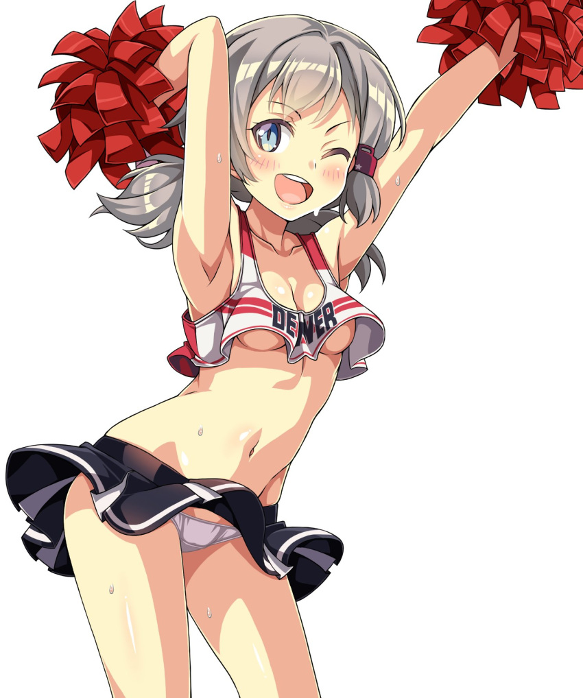 alternate_costume armpits arms_up azur_lane black_skirt blue_eyes breasts character_name cheering cheerleader clothes_writing collarbone commentary_request crop_top crop_top_overhang denver_(azur_lane) female grey_hair highres holding holding_pom_poms looking_at_viewer macaroni_hourensou midriff miniskirt navel one_eye_closed open_mouth panties pantyshot pleated_skirt pom_pom_(cheerleading) shirt short_hair short_twintails simple_background skirt sleeveless sleeveless_shirt small_breasts smile solo sweat twintails underboob underwear white_background white_panties