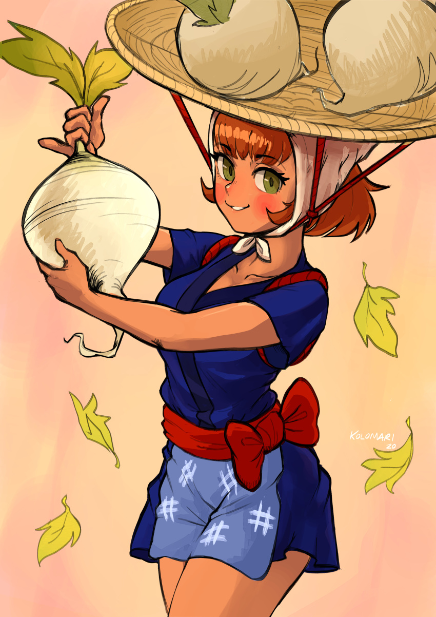 absurdres animal_crossing blue_kimono blush bow brown_hair cowboy_shot daisy_mae_(animal_crossing) female food food_on_head green_eyes highres holding holding_food holding_vegetable humanization igeta_(pattern) japanese_clothes kimono kolomari leaf object_on_head parted_lips red_bow short_hair short_kimono short_sleeves signature smile solo tan turnip vegetable