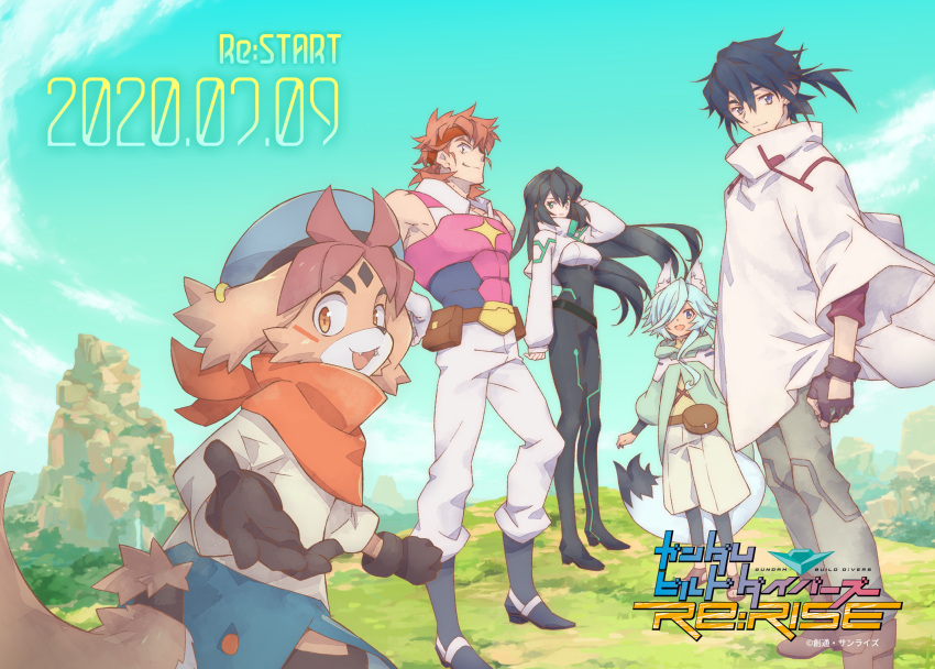 4boys animal_ears announcement announcement_celebration aqua_eyes black_hair blue_eyes blue_hair company_name copyright_name coronavirus_pandemic dog_ears everyone female fox_ears freddie_(gundam_build_divers_re:rise) furry grey_eyes gundam gundam_build_divers gundam_build_divers_re:rise hara_kazuhiro highres kuga_hiroto logo long_hair looking_at_viewer looking_down looking_to_the_side may_(gundam_build_divers_re:rise) multiple_boys official_art one_eye_covered open_mouth orange_eyes orange_hair outstretched_arm parviz_(gundam_build_divers_re:rise) second-party_source standing tail torimachi_kazami