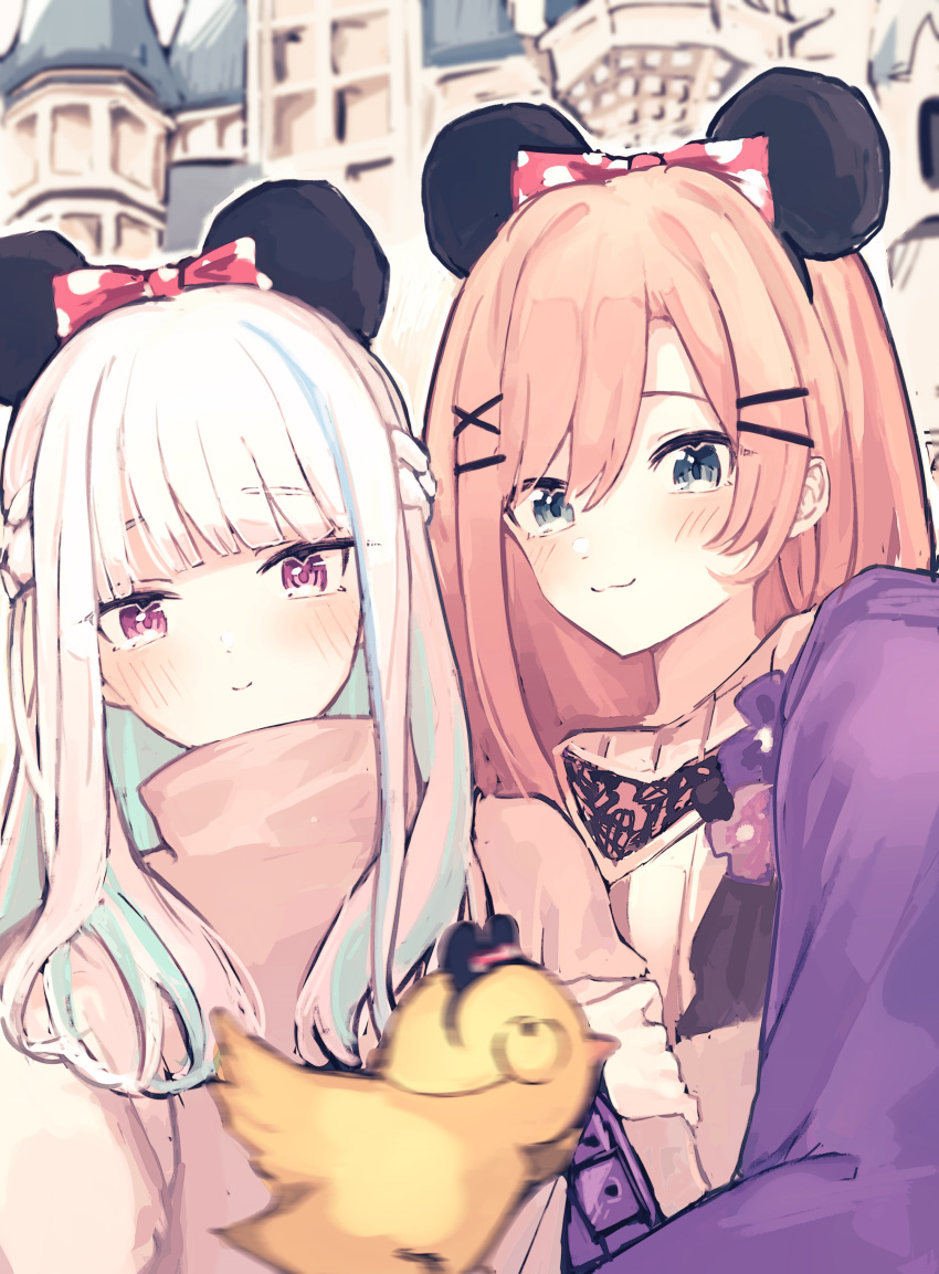 2girls :3 absurdres bad_id bad_twitter_id bird black_headwear blue_hair blunt_bangs blush bow brown_hair colored_inner_hair disneyland hair_behind_ear hair_ornament hairclip hat highres lize_helesta long_hair looking_at_viewer minnie_mouse_ears monocle multicolored_hair multiple_girls nijisanji polka_dot polka_dot_bow sebastian_piyodore shosei_(shoseikanashimi) smile suzuhara_lulu top_hat virtual_youtuber white_hair