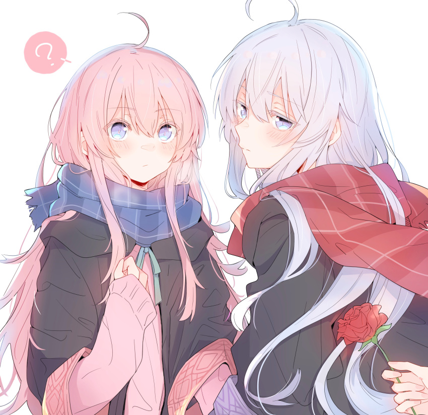 2girls ? absurdres ahoge black_coat blue_eyes blue_scarf blush cloak closed_mouth coat commentary elaina_(majo_no_tabitabi) embarrassed flower grey_hair hair_between_eyes highres holding holding_flower houki_(majo_no_tabitabi) lionet0806 long_hair long_sleeves looking_away majo_no_tabitabi multiple_girls pink_hair plaid plaid_scarf red_flower red_rose red_scarf rose scarf simple_background upper_body white_background yuri