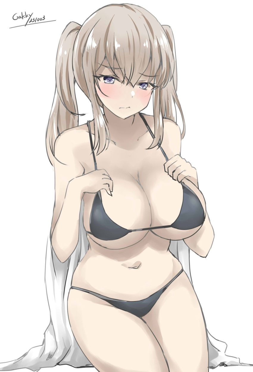 alternate_costume bikini black_bikini breasts cleavage collarbone female gakky graf_zeppelin_(kancolle) grey_eyes hair_between_eyes highres kantai_collection large_breasts one-hour_drawing_challenge sidelocks simple_background solo swimsuit towel twintails white_background