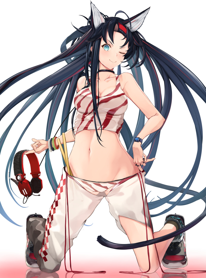 ;) animal_ears arknights bare_arms bare_shoulders black_choker black_hair blaze_(arknights) blaze_(burst_feline)_(arknights) blue_eyes breasts cat_ears choker cleavage commentary_request crop_top extra_ears female headphones headphones_removed highres holding holding_headphones kneeling long_hair looking_at_viewer medium_breasts midriff navel official_alternate_costume one_eye_closed pants partial_commentary piisu shoes simple_background smile solo stomach tank_top very_long_hair white_background white_pants white_tank_top