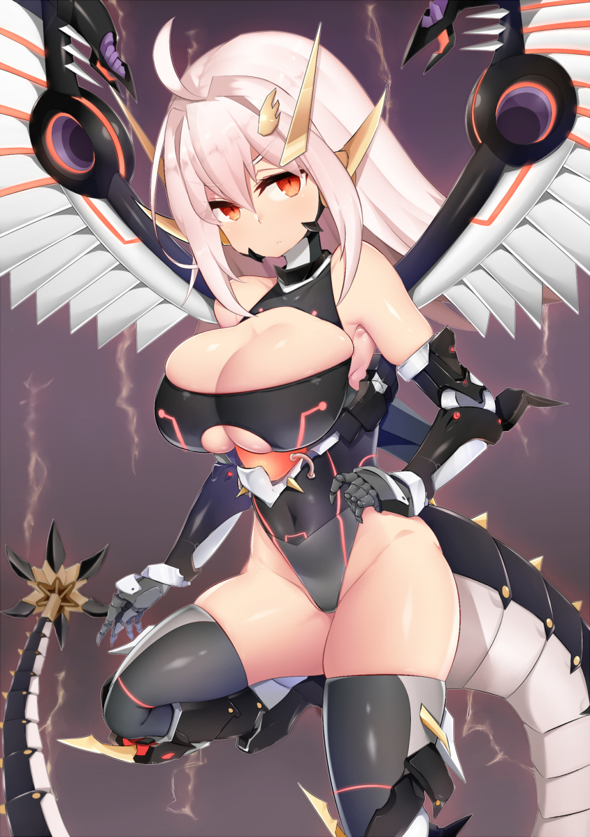 ahoge black_thighhighs breasts cleavage clothing_cutout covered_navel cyber_dragon_infinity duel_monster female furaggu hair_between_eyes hair_intakes highres large_breasts leotard long_hair looking_at_viewer orange_eyes personification solo tail thighhighs thighs underboob underboob_cutout white_hair wings yu-gi-oh! zettai_ryouiki