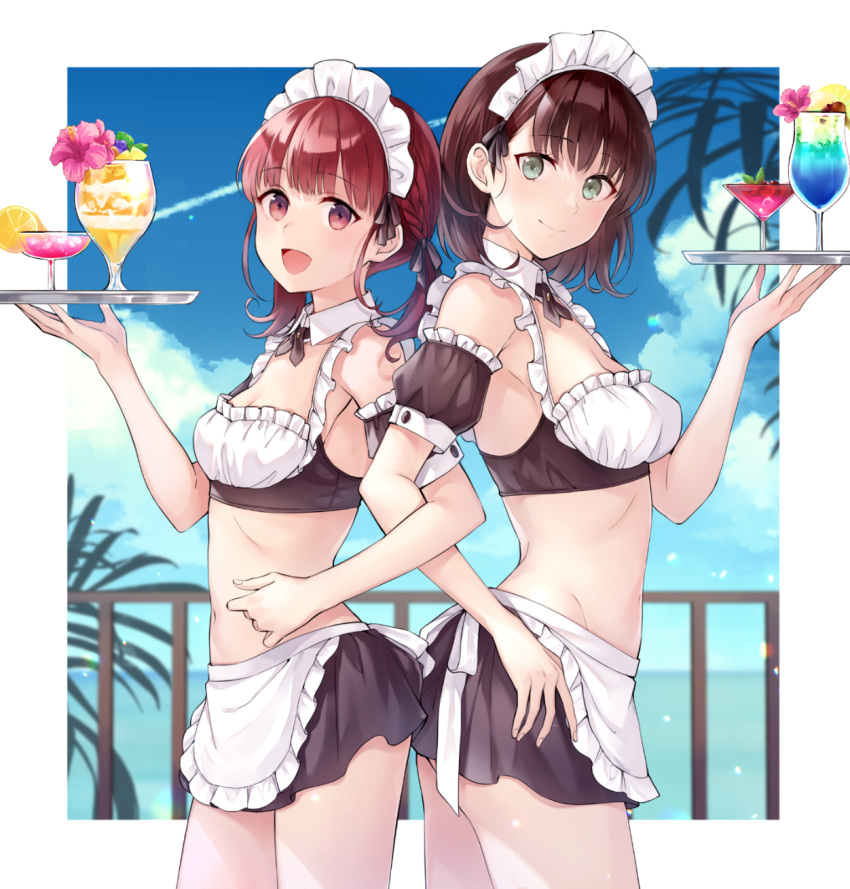 2girls :d apron aqua_eyes ass ass-to-ass back-to-back bikini black_bow black_hair black_skirt bow braid breasts cleavage cloud cocktail_glass contrail crop_top cup detached_collar detached_sleeves drinking_glass e_(eokiba) food fruit hairbow hand_on_own_hip highres holding holding_tray hurricane_glass locked_arms maid maid_bikini maid_headdress medium_breasts midriff multiple_girls navel open_mouth original puffy_detached_sleeves puffy_sleeves railing red_eyes red_hair short_hair skirt sky small_breasts smile swimsuit tray tropical_drink twintails unconventional_maid waist_apron