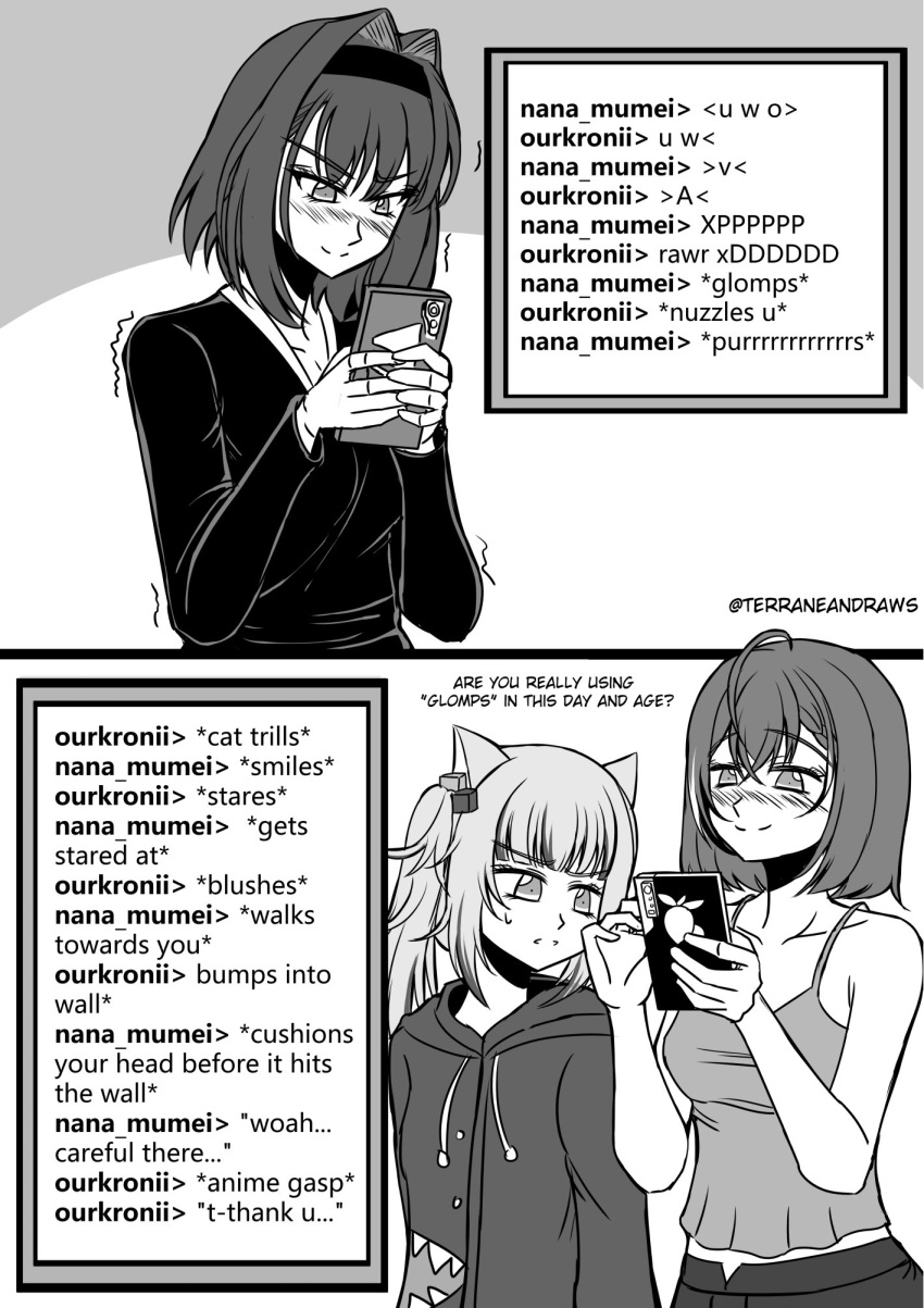 3girls blush cellphone emoticon english_text gawr_gura greyscale hair_intakes highres hololive hololive_english hood hoodie k-nashi long_hair long_sleeves monochrome multicolored_hair multiple_girls nanashi_mumei ouro_kronii phone short_hair smartphone smile spaghetti_strap streaked_hair trembling virtual_youtuber