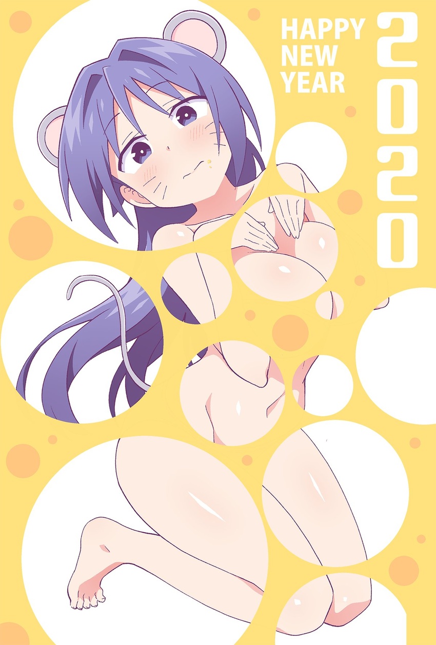 2020 anbe_masahiro animal_ears atsumare!_fushigi_kenkyuubu barefoot blue_eyes blue_hair blush breasts bubble_filter censored chinese_zodiac cleavage closed_mouth commentary english_text facial_mark female food food_on_face frown happy_new_year highres kneeling large_breasts long_hair looking_at_viewer mouse_ears mouse_tail navel new_year oohara_kotone solo tail whisker_markings year_of_the_rat