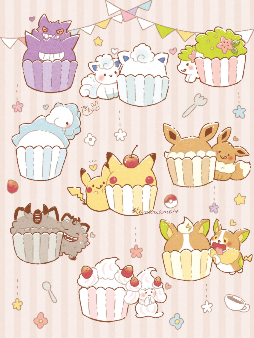 :q alcremie alcremie_(strawberry_sweet) alolan_vulpix blush closed_eyes closed_mouth commentary cup cupcake eevee food fork galarian_meowth gengar grin heart highres no_humans open_mouth pikachu poke_ball_symbol pokemon pokemon_(creature) shaymin shaymin_(land) smile snom spoon star_(symbol) teacup teeth temariame14 tongue tongue_out yamper