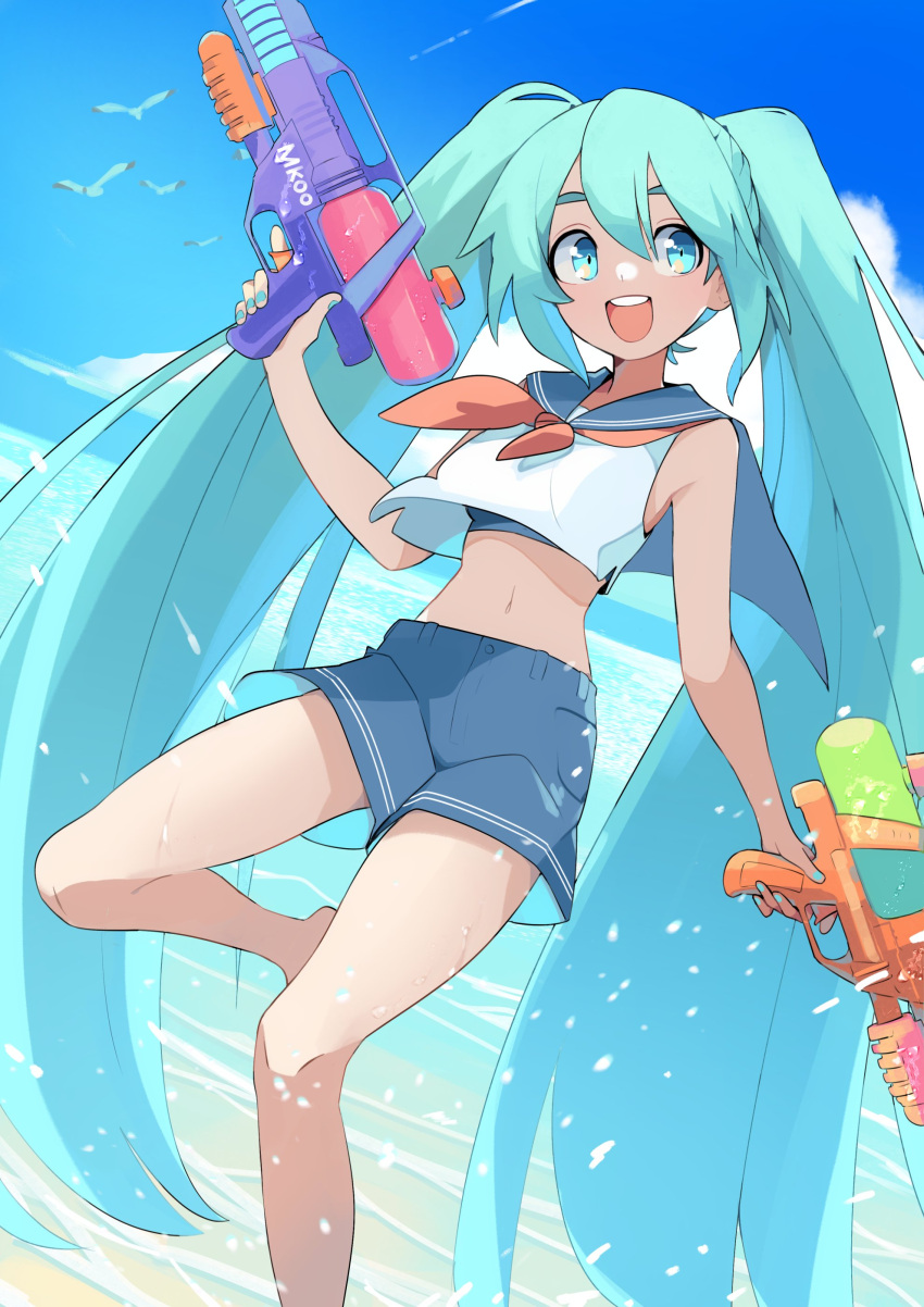 absurdres aqua_eyes aqua_hair aqua_nails armpit_crease azuumori beach bird blue_sailor_collar blue_shorts blue_sports_bra breasts cloud cloudy_sky commentary crop_top day double_horizontal_stripe dual_wielding english_commentary feet_out_of_frame female finger_on_trigger hair_between_eyes hand_up hatsune_miku highres holding holding_water_gun long_hair looking_at_viewer medium_breasts midriff navel neckerchief ocean open_mouth outdoors red_neckerchief round_teeth sailor_collar seagull shirt shorts sidelocks sky sleeveless sleeveless_shirt smile solo sports_bra standing standing_on_one_leg teeth trigger_discipline twintails upper_teeth_only very_long_hair vocaloid water water_gun white_shirt