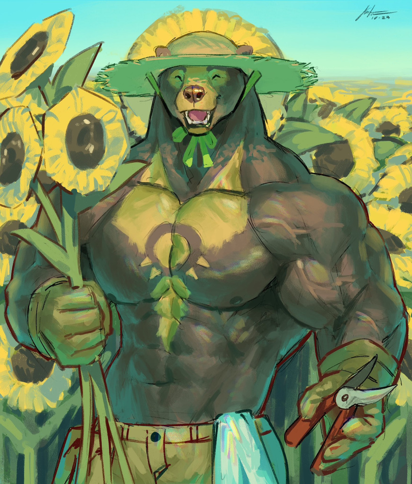 2023 abs alexxxnttt anthro barazoku bear biceps biped brown_body brown_fur closed_eyes clothed clothing day digital_media_(artwork) eyebrows farmer flower fur gloves handwear hat headgear headwear hi_res male mammal muscular muscular_anthro muscular_male navel nipples open_mouth open_smile outside pecs plant sky smile solo sun_bear sunflower tongue topless ursine vein veiny_muscles were wereursid