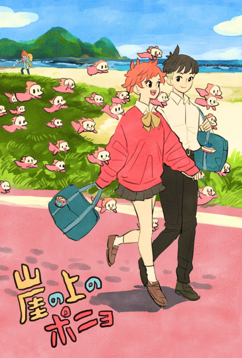 2boys 6+others aged_up beach black_pants brown_footwear collared_shirt dress_shirt female fujimoto_(ponyo) gake_no_ue_no_ponyo highres multiple_boys multiple_others orange_hair outdoors pants pleated_skirt ponyo red_sweater school_uniform shirt short_hair skirt sousuke_(ponyo) sweater takeuchi_ryousuke water white_shirt