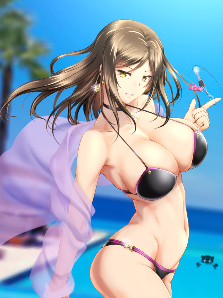 2girls animal_charm bare_shoulders beach beach_chair bikini black_bikini blurry breasts brown_hair charm_(object) chikuwabu_(yokowokazuaki) choker clear_sky cleavage collarbone commentary_request cross day depth_of_field double_bun earrings female_pervert gold_earrings gold_necklace green_eyes hair_bun highres huge_breasts idolmaster idolmaster_cinderella_girls jewelry leaning_to_the_side looking_at_viewer mukai_takumi multiple_girls munakata_atsumi navel necklace outdoors palm_tree pervert pool seductive_smile shiny_clothes silk sky smile solo_focus swimsuit tree wind