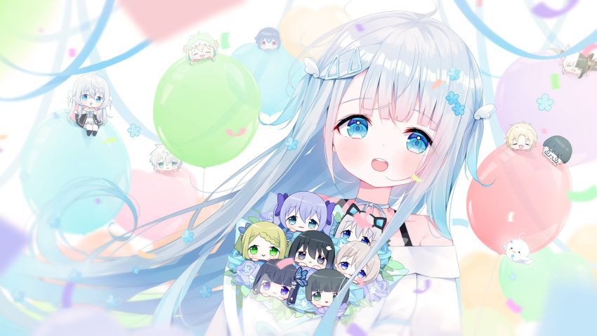 1other 2boys 6+girls :d alice_mana amano_pikamee amatsuka_uto animal annotated anzu_o0 aoi_nabi artist_self-insert balloon bao_(vtuber) bare_shoulders bell black-framed_eyewear black_hair black_jacket blonde_hair blue_eyes blue_flower blue_hair blue_ribbon blue_rose blunt_bangs blush bouquet braid braided_bangs bug butterfly chibi choker coffee_cup_hair_ornament collarbone commentary confetti deyui deyuni eden_(vtuber) english_commentary flower gamewith glasses green_eyes green_hair grey_hair hair_bell hair_flower hair_ornament hairclip highres hood hood_up indie_virtual_youtuber jacket jingle_bell kagura_nana looking_at_viewer mini_person miniboy minigirl morinaka_kazaki multicolored_hair multiple_boys multiple_girls nijisanji off-shoulder_shirt off_shoulder open_mouth original purple_eyes purple_flower purple_rose rabbit_hair_ornament red_eyes reignite restya ribbon rose semi-rimless_eyewear shirt smile takeshita_fungi teeth tempplex tenshimp translated trulysquid two-tone_hair two_side_up under-rim_eyewear upper_teeth_only virtual_youtuber voms white_choker white_hair white_shirt wing_hair_ornament yuuki_chihiro