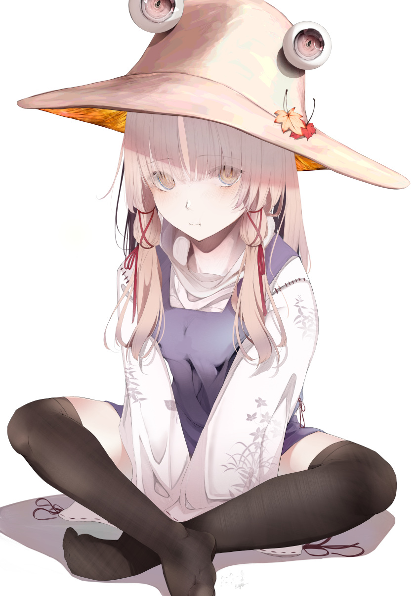 :i absurdres autumn_leaves black_thighhighs blonde_hair blunt_bangs blush breasts brown_hat closed_mouth commentary crossed_ankles expressionless female floral_print hair_between_eyes hair_ribbon hat highres hito_komoru_(style) kisaragi_yaya leaf light_blush long_hair long_sleeves looking_at_viewer maple_leaf moriya_suwako purple_vest red_ribbon ribbon sidelocks simple_background sitting small_breasts solo thighhighs touhou turtleneck v_arms vest white_background wide_sleeves yellow_eyes