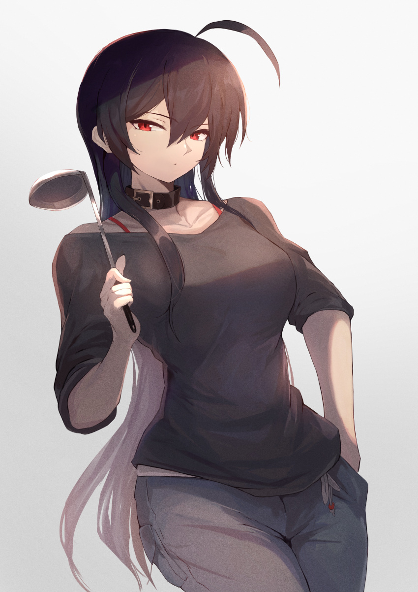 absurdres ahoge black_choker black_hair black_pants black_shirt bra_strap breasts choker chuunibyou_demo_koi_ga_shitai! commentary_request cowboy_shot female gradient_background grey_background hair_between_eyes highres holding holding_ladle ladle large_breasts long_hair looking_at_viewer ohako_(ohako1818) pants red_eyes shirt solo standing takanashi_touka very_long_hair