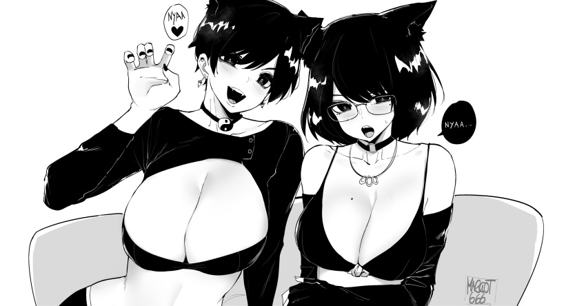 2girls absurdres animal_ears bikini bikini_top_only breasts cat_ears choker cleavage commentary couch desyana_laurentia detached_sleeves earrings english_commentary english_text fangs fingernails glasses greyscale high_contrast highres huge_breasts jewelry kemonomimi_mode large_breasts looking_at_viewer midriff mole mole_on_breast mole_under_eye monochrome multiple_girls nail_polish necklace norman_maggot o-ring o-ring_choker olive_laurentia original paw_pose pixie_cut short_hair shrug_(clothing) siblings sisters sitting spaghetti_strap speech_bubble swimsuit very_short_hair yin_yang