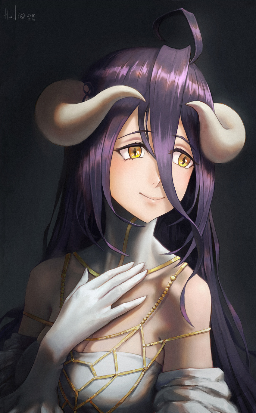 absurdres ahoge albedo_(overlord) bad_cgsociety_id bad_id bare_shoulders breasts cleavage closed_mouth commentary curled_horns demon_girl demon_horns dress elvafirst english_commentary female gloves hair_between_eyes hand_on_own_chest highres horns large_breasts long_hair looking_to_the_side overlord_(maruyama) purple_hair signature smile solo upper_body white_dress white_gloves white_horns yellow_eyes