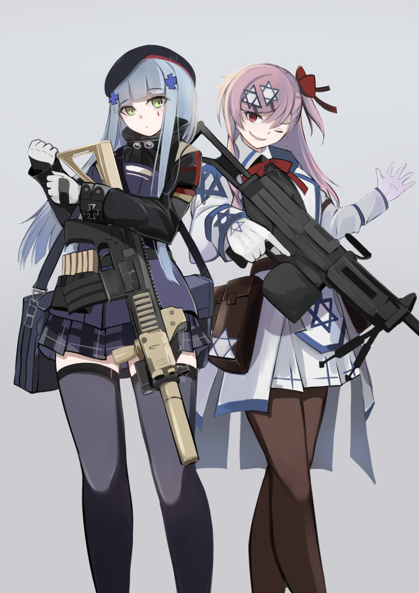 2girls arm_up assault_rifle bag beret black_pantyhose black_thighhighs bow closed_mouth commentary_request feet_out_of_frame girls'_frontline gloves green_eyes grey_background gun h&k_hk416 hair_between_eyes hair_ornament hair_ribbon hairbow hairclip hat hexagram highres hk416_(girls'_frontline) holding holding_gun holding_weapon imi_negev jacket light_machine_gun long_hair looking_at_viewer messenger_bag military_jacket multiple_girls negev_(girls'_frontline) one_eye_closed one_side_up pantyhose parted_lips pink_hair plaid plaid_skirt red_bow red_eyes ribbon rifle shoulder_bag simple_background skirt smile standing star_of_david teardrop thighhighs ubah weapon white_gloves white_hair white_skirt