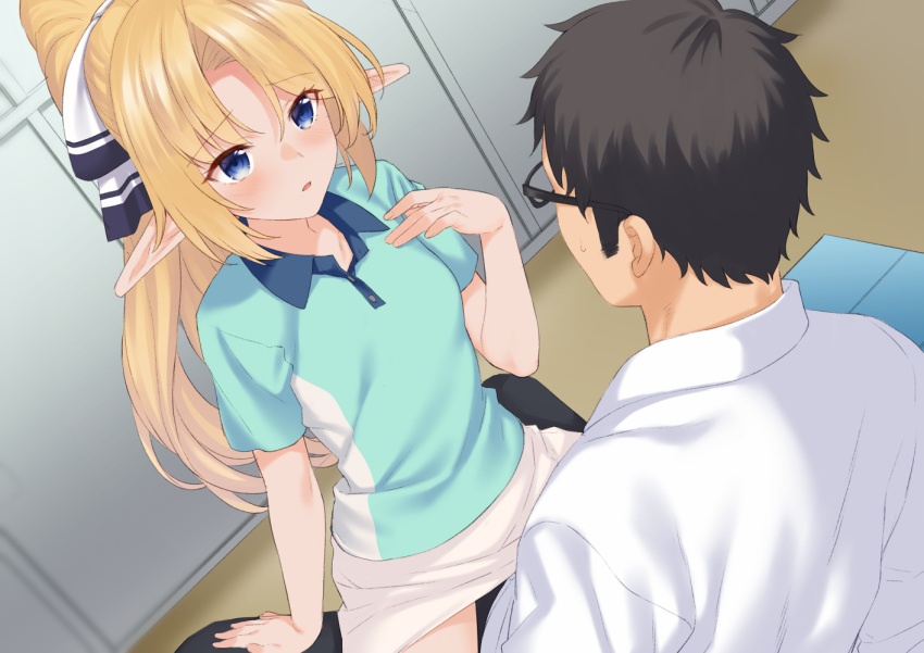 1boy arm_support black-framed_eyewear black_hair black_ribbon blonde_hair blue_eyes blue_shirt breasts collarbone commentary_request dutch_angle elf enjo_kouhai female from_behind glasses hair_ribbon hand_up high_ponytail indoors iris_(takunomi) long_hair looking_at_another on_lap open_mouth pants pointy_ears polo_shirt ponytail ribbon shirt short_sleeves sitting takunomi two-tone_shirt white_ribbon white_shirt