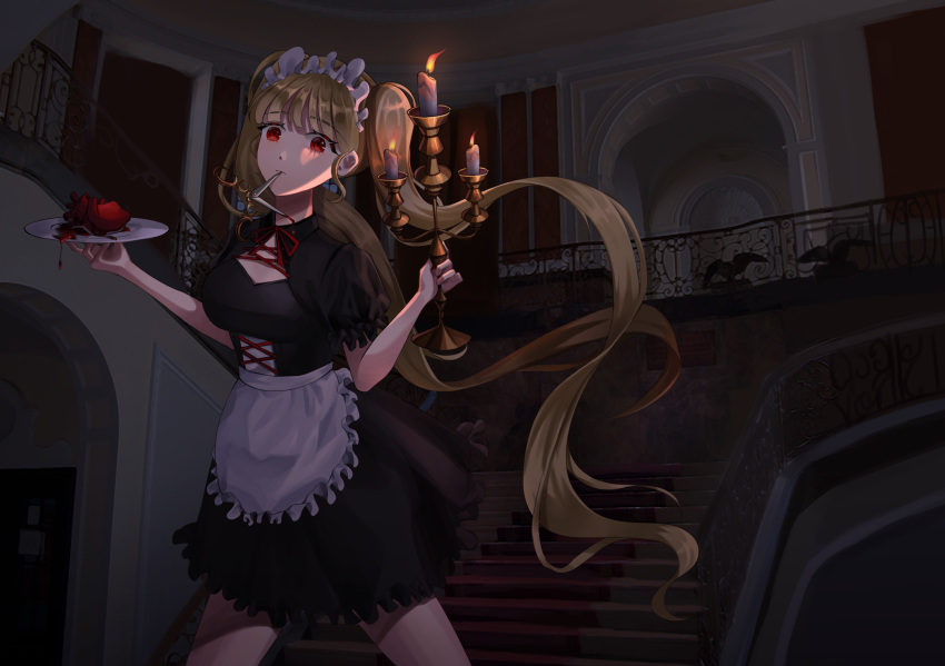 absurdres apron bad_id bad_pixiv_id black_dress blonde_hair blood candelabra candle candlestand dark dress female heart_(organ) highres holding holding_plate indoors juliet_sleeves kkong long_sleeves looking_at_viewer maid maid_apron maid_headdress original plate puffy_sleeves railing red_eyes short_dress short_sleeves stairs twintails vampire