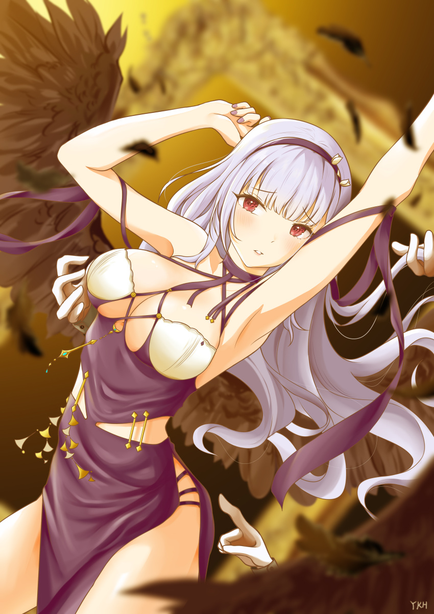 absurdres azur_lane black_wings breasts cleavage dido_(anxious_bisque_doll)_(azur_lane) dido_(azur_lane) dress female grey_hair hairband hands hands_up highres large_breasts long_hair looking_at_viewer nail_polish official_alternate_costume purple_dress purple_nails red_eyes simple_background solo standing thighs wings yamakan_hoshino