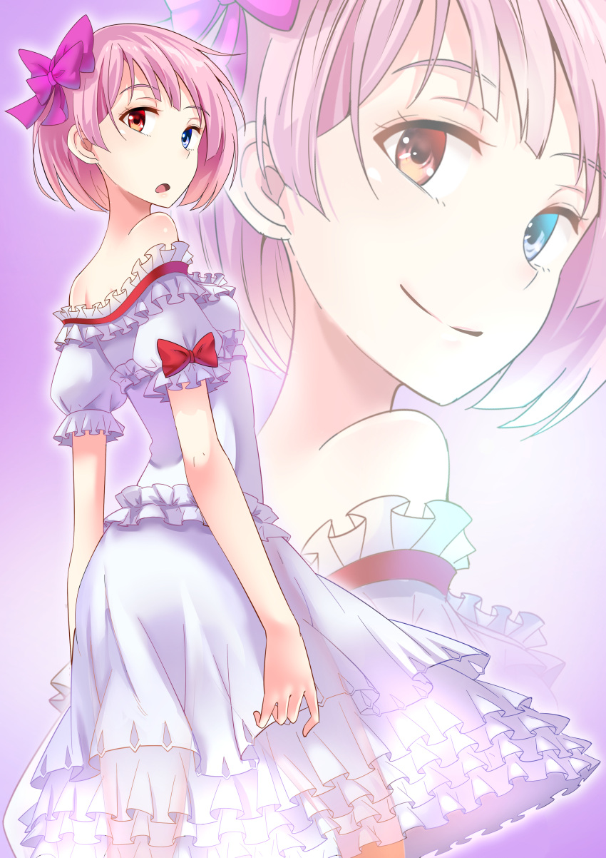 absurdres bare_shoulders blue_eyes bow closed_mouth dress fei_luo_mao female frilled_dress frills hairbow heterochromia highres honkai_(series) honkai_impact_3rd looking_at_viewer looking_back multiple_views off-shoulder_dress off_shoulder open_mouth pink_background pink_hair short_hair short_sleeves sin_mal smile white_headwear yellow_eyes