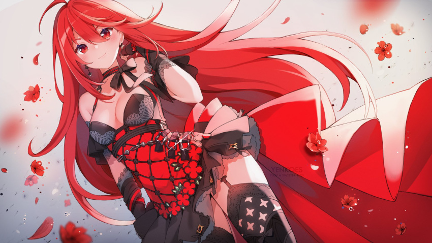 ahoge black_bow black_gloves black_skirt bow breasts choker cleavage dragon_raja dress elbow_gloves english_commentary female fingerless_gloves flower gloves hand_on_own_shoulder highres long_hair looking_at_viewer looking_down medium_breasts nono_(dragon_raja) red_dress red_flower red_hair skirt smile solo thighhighs very_long_hair watermark yenkoes