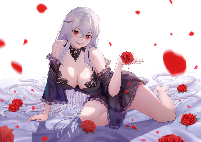 absurdres azur_lane barefoot black_choker black_nightgown breasts choker cleavage female flower gangut_(azur_lane) gangut_(keeper_of_the_firewater)_(azur_lane) highres holding holding_flower jiantai large_breasts long_hair looking_at_viewer nightgown official_alternate_costume open_mouth petals red_eyes red_flower red_rose rose rose_petals sitting smile solo thighs white_background white_hair