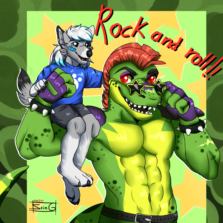 1:1 2022 age_difference alligator alligatorid anthro belt belt_buckle blue_clothing blue_shirt blue_topwear bottomwear bracelet buckle canid canine canis clothed clothing crocodilian dante_kinkade digital_media_(artwork) duo english_text exclamation_point eyebrows eyewear five_nights_at_freddy's five_nights_at_freddy's:_security_breach glasses green_body hair hand_on_hand hi_res jewelry lolicon male male/male mammal mohawk montgomery_gator muscular muscular_anthro muscular_male navel open_mouth red_eyes red_hair reptile scalie scottgames sharp_teeth shirt shorts shoulder_ride spiked_bracelet spikes star_glasses steel_wool_studios sting_12 teeth text topless topwear wolf young