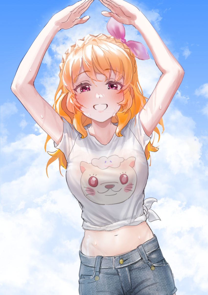 absurdres aikatsu! aikatsu!_(series) arms_up blonde_hair blue_sky blush commentary_request female hair_ribbon highres lalu_(pixiv3307500) long_hair looking_at_viewer midriff navel outdoors ozora_akari red_eyes ribbon shirt shorts sky solo sweat tied_shirt