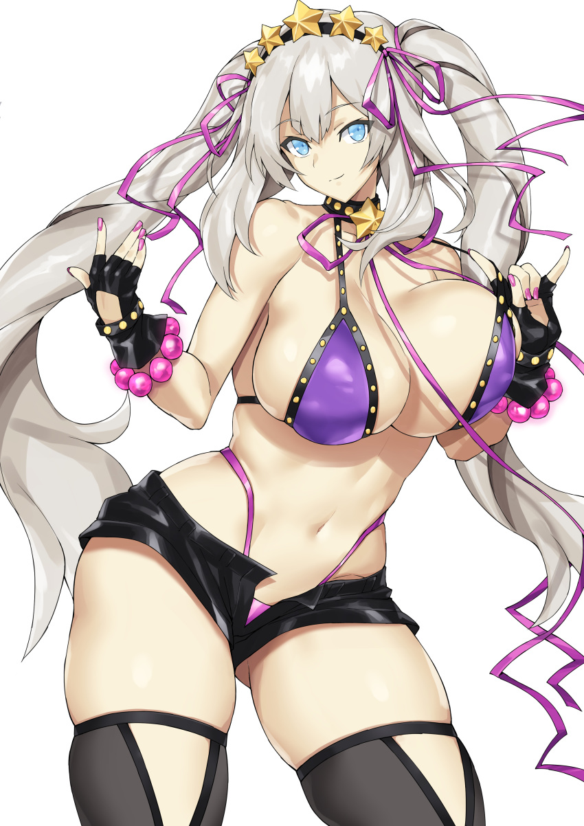 absurdres bare_shoulders bb_(fate) bb_(swimsuit_mooncancer)_(fate) bb_(swimsuit_mooncancer)_(fate)_(cosplay) bb_(swimsuit_mooncancer)_(second_ascension)_(fate) bead_bracelet beads bikini black_gloves black_shorts black_thighhighs blue_eyes blush bnc_(bunshi) bracelet breasts cleavage collarbone cosplay fate/grand_order fate_(series) female fingerless_gloves gloves hair_ornament hair_ribbon hairband highres jewelry large_breasts long_hair looking_at_viewer marie_antoinette_(fate) micro_shorts navel neck_ribbon purple_bikini ribbon shorts smile solo star_(symbol) star_hair_ornament swimsuit thighhighs thighs twintails very_long_hair white_hair