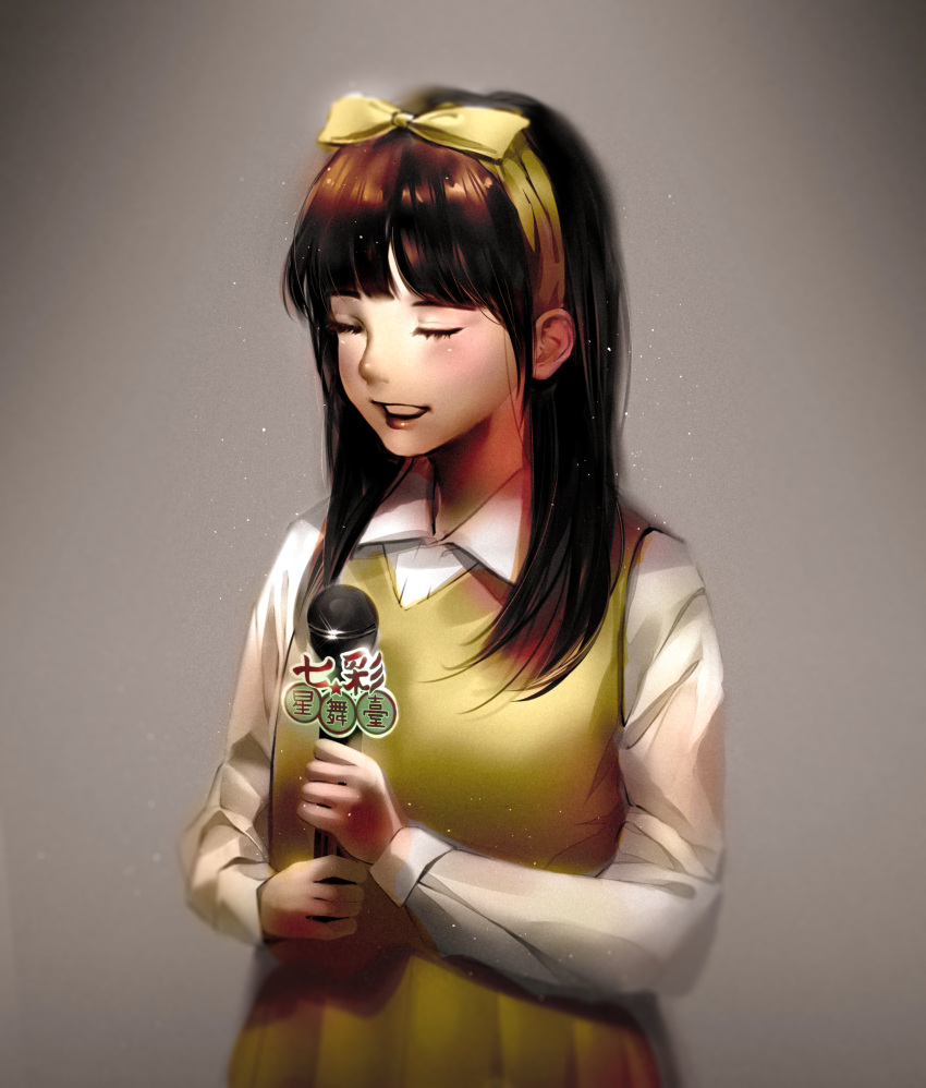 absurdres bangs black_hair bow closed_eyes devotion dress du_meishin female grey_background hairbow highres holding holding_microphone long_sleeves microphone open_mouth pinafore_dress shirt standing white_shirt xuanqing0726 yellow_bow yellow_dress