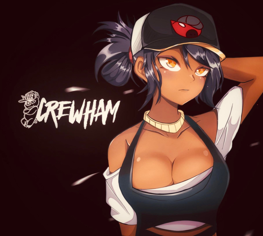 arm_at_side arm_up baseball_cap brawlhalla breasts cleavage collarbone crewham cringywoomy dark-skinned_female dark_skin derivative_work detached_sleeves english_text female hat highres jewelry large_breasts logo looking_afar looking_away looking_up mirage_(brawlhalla) mirage_(freestyle)_(brawlhalla) necklace orange_eyes pig red_background shiny shiny_hair shiny_skin simple_background solo white_sleeves