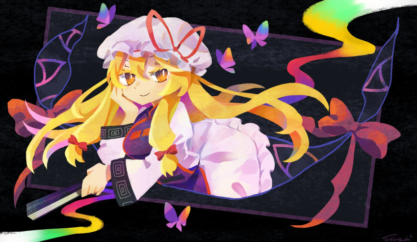 artist_name bad_id bad_twitter_id blonde_hair blush bow bright_pupils bug butterfly closed_mouth commentary dress espoircristal eyebrows_hidden_by_hair female floating_hair folded_fan folding_fan gap_(touhou) gradient hair_between_eyes hairbow hand_fan hand_on_own_chin hat hat_ribbon head_rest highres holding holding_fan inactive_account long_hair long_sleeves looking_at_viewer mob_cap orange_eyes purple_tabard red_bow red_ribbon ribbon smile solo tabard touhou very_long_hair white_dress white_hat white_pupils wide_sleeves yakumo_yukari