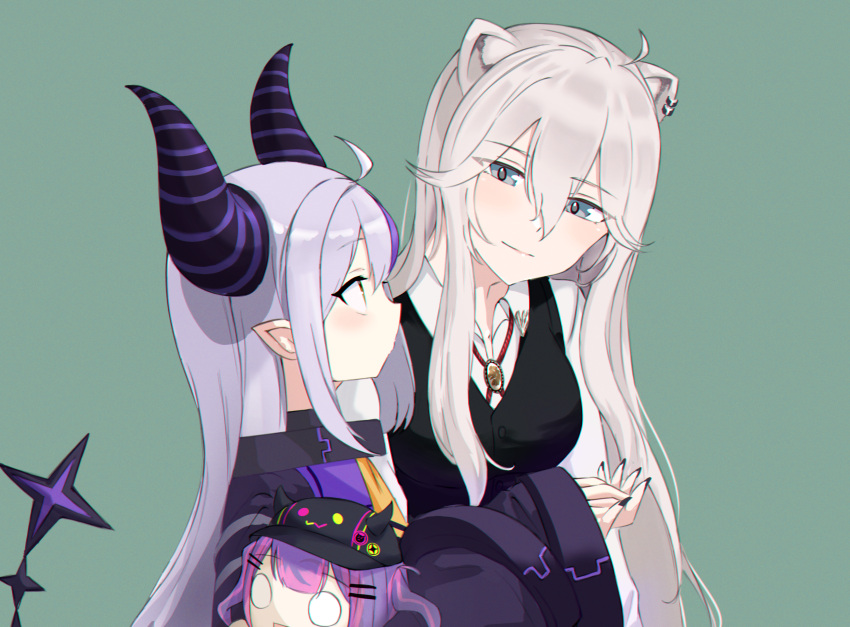 2girls absurdres ahoge animal_ears bibi_(tokoyami_towa) black_nails black_vest blush character_doll collared_shirt commentary demon_girl demon_horns demon_tail green_background grey_hair hair_between_eyes highres holding_hands hololive horns la+_darknesss la+_darknesss_(1st_costume) light_purple_hair lion_ears lion_girl long_hair long_sleeves looking_at_another multicolored_hair multiple_girls nesoberi pointy_ears purple_hair shirt shishiro_botan shishiro_botan_(button-down) sleeves_past_wrists smile streaked_hair tail tokoyami_towa twintails two-tone_hair vest virtual_youtuber wide_sleeves zexalmike