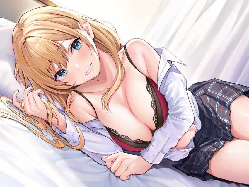 bed bed_sheet black_skirt blonde_hair blue_eyes bra breasts cleavage collarbone collared_shirt curtains duplicate female grin hair_between_eyes highres indoors lace-trimmed_bra lace_trim large_breasts long_sleeves looking_at_viewer lying nagiha_kuten non-web_source on_side open_clothes open_shirt original pillow pixel-perfect_duplicate plaid plaid_skirt red_bra school_uniform shirt skirt smile solo underwear white_shirt