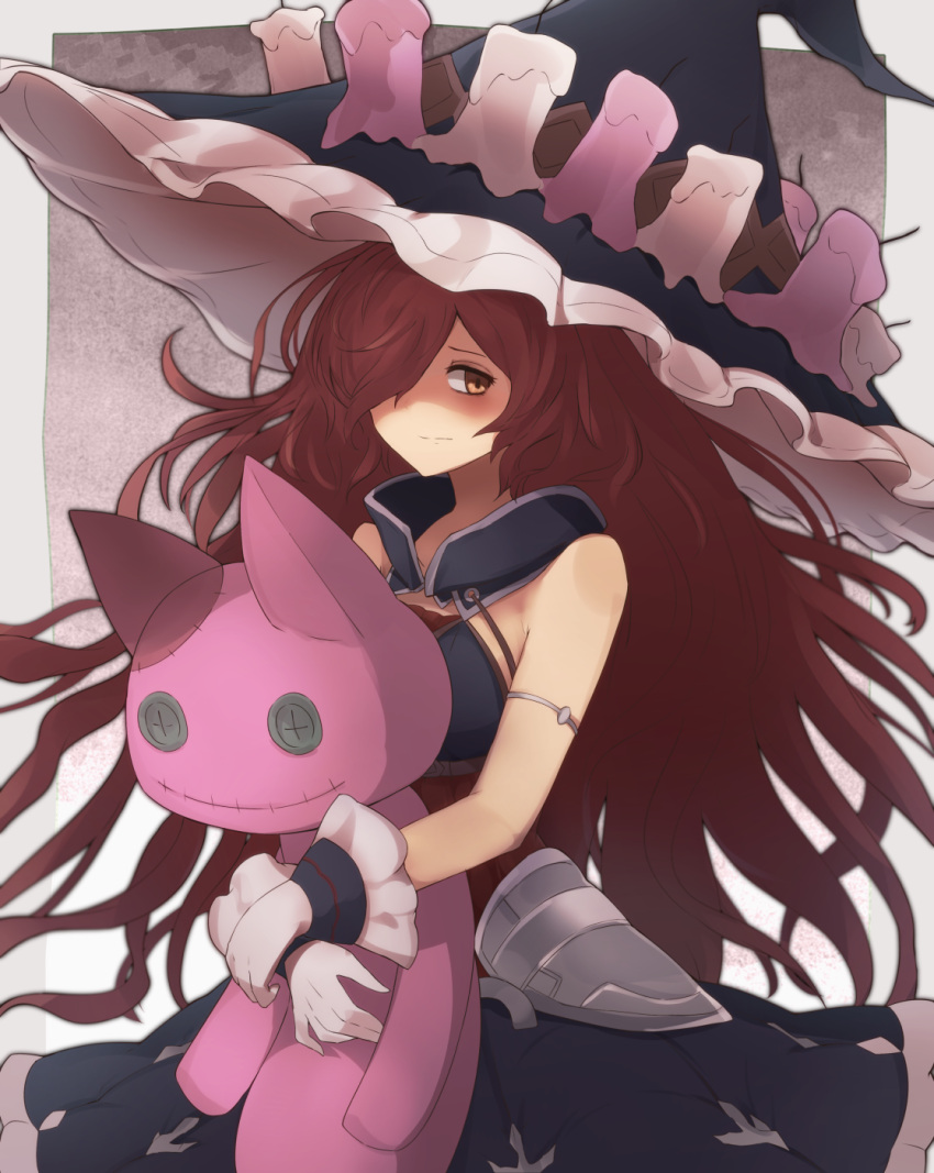 anna_(granblue_fantasy) armband bare_shoulders big_hair black_gloves brown_eyes candle closed_mouth commentary_request dress female frilled_hat frills gloves granblue_fantasy hair_over_one_eye hat highres holding holding_stuffed_toy long_hair messy_hair red_hair solo stuffed_animal stuffed_cat stuffed_toy very_long_hair witch witch_hat yonaga_san