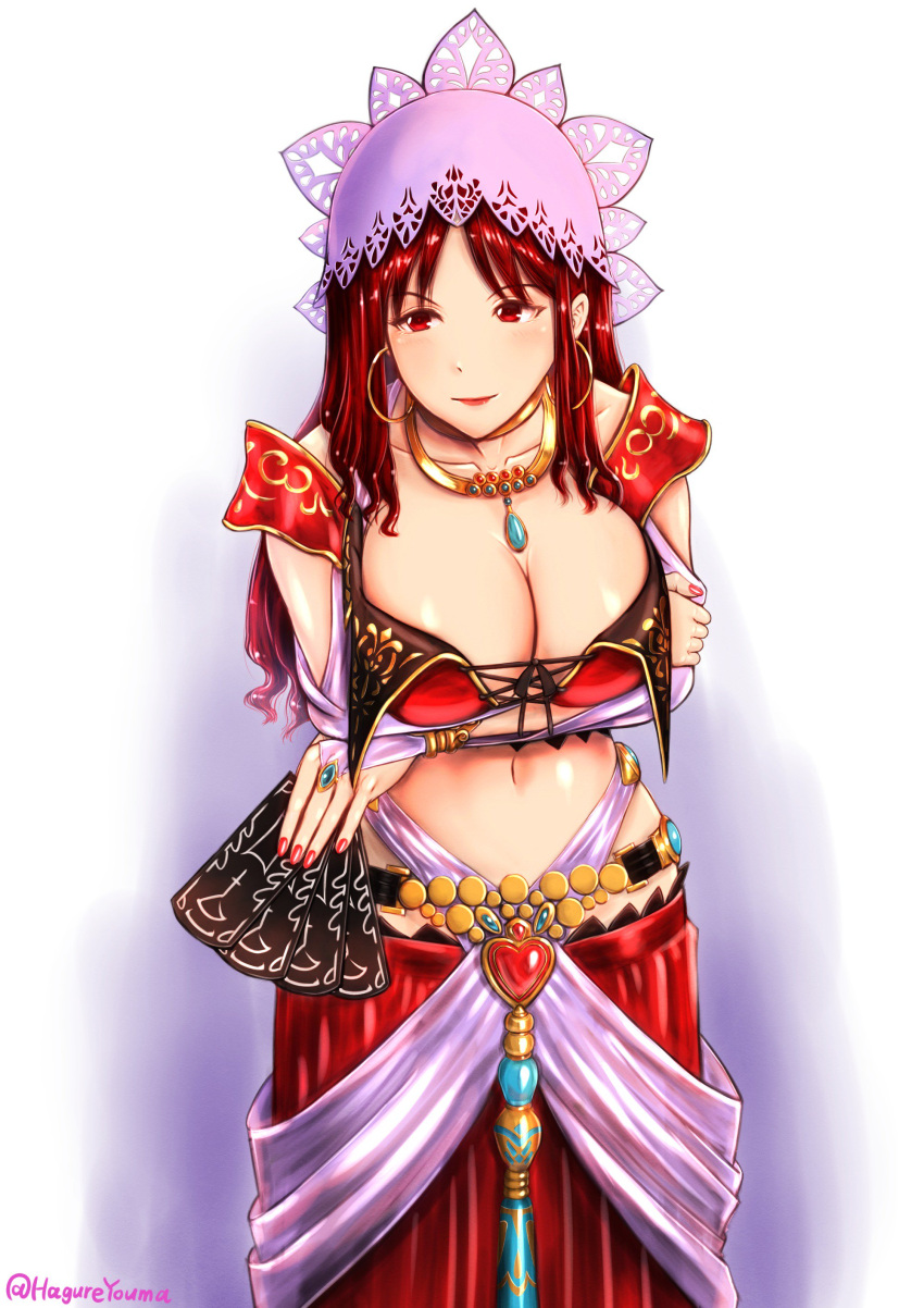 absurdres breasts card cleavage closed_mouth dahna_(grandia) dancer female grandia grandia_iii hagureyouma heart highres holding holding_card jewelry large_breasts long_hair midriff nail_polish navel necklace red_eyes red_hair simple_background solo